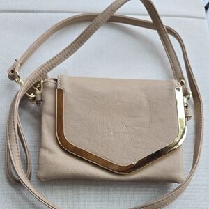 Elegant Tan Crossbody Bag with Gold Accents